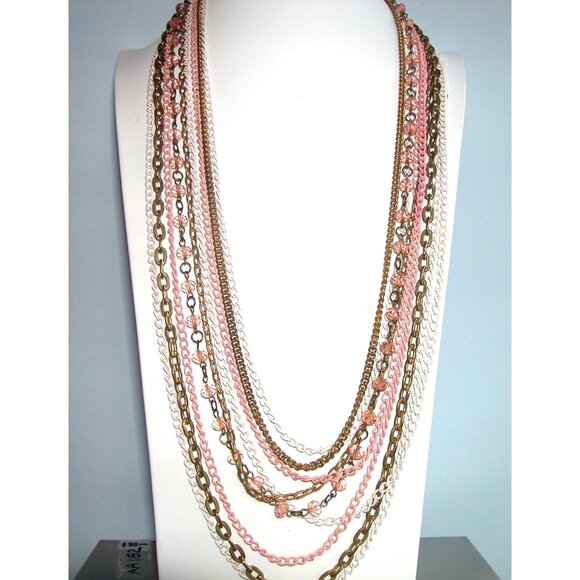 Multilayered Pink & Gold Chain Necklace With Beads - Picture 1 of 5